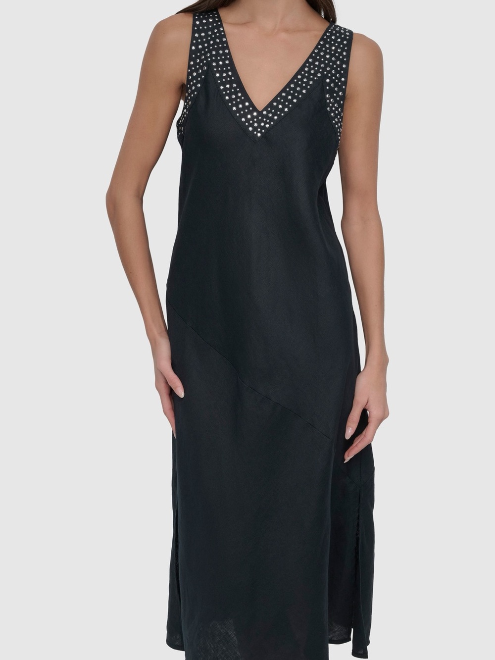 DNKY Pure 100% Linen Black Tiered Midi Dress Studded V Neck Size Slit Size XL